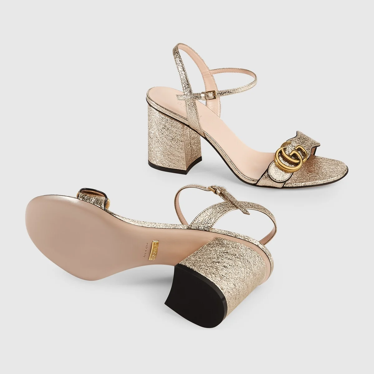 Metallic laminate leather mid-heel sandal